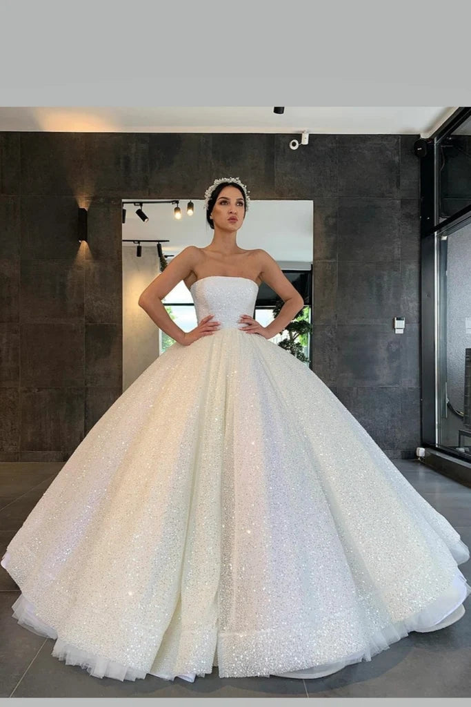 Glitter Ball Gown Wedding Dresses Long Sleeve Beaded Crystal Sequined Bling  Bling Bridal Gowns Custom Made Vestido De Novia